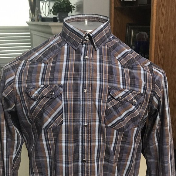 Ben Sherman Shirt Large Brown Blue Plaid Western Cowboy SmokiePearl Snaps Sz L - Picture 6 of 10